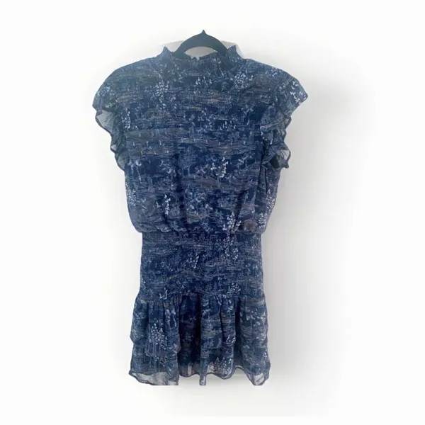 AQUA Smocked Mock Neck Mini Dress M Blue Smocked Tiered Ruffle Fairy Whimsigoth - Image 4