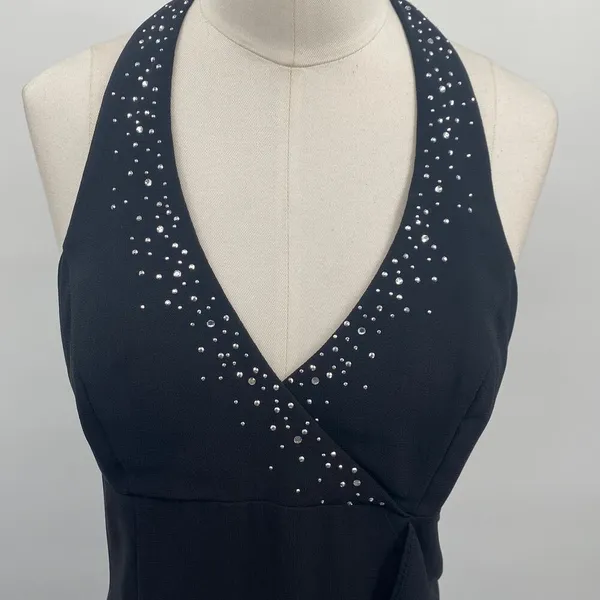 Vintage Y2k Rhinestone Halter Ball Gown V Neck Surplice Ruffle Front Black 4 - Image 5