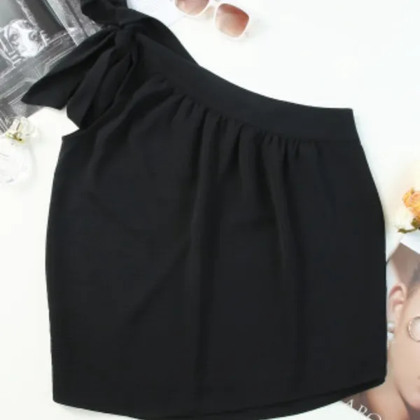 NEW Black Asymmetric One Shoulder Tied with Bow Sash Pleated Blouse L - Image 5