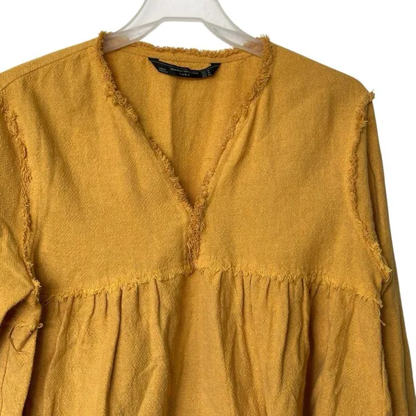 Zara Mustard Yellow Frayed crop babydoll top M - Image 3