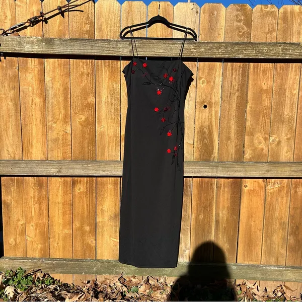 Vintage 90s/Y2K Goth Fairy Embellish 3D Flowers Spaghetti Strap Maxi Dress Sz 14 - Image 2