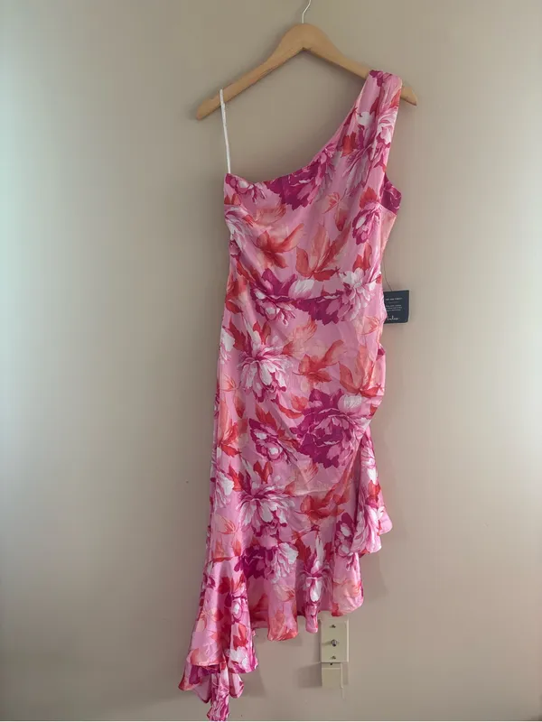 Lulus Divinely Blooming Pink Multi Floral One-Shoulder Midi Dress Size Large NWT - Image 4