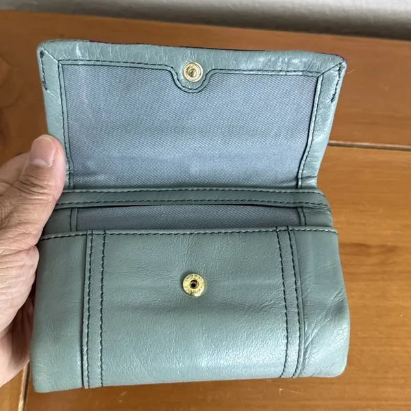 Vtg Fossil Patchwork Soft Leather Teal Wallet Snap‎ Close Zipper Colorblock-Read - Image 5