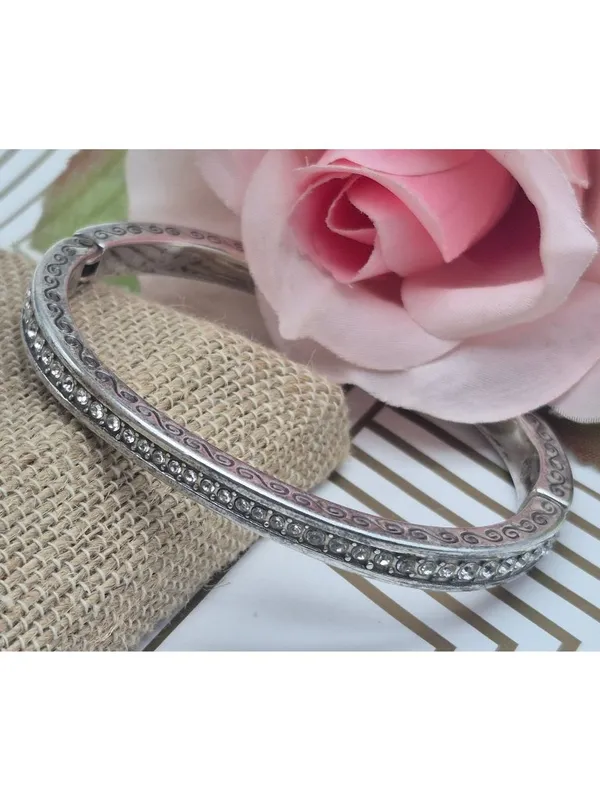 Brighton Secret of Love Hinged Bangle Bracelet Silver Plated Crystals & Etching - Image 2