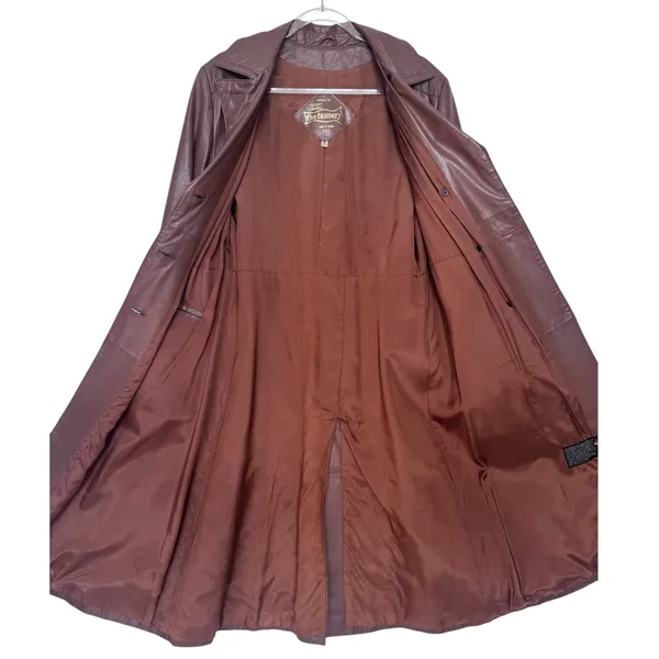 1970s The Tannery For Montgomery Ward Brown Leather Trench Coat M Long Coat - Image 5