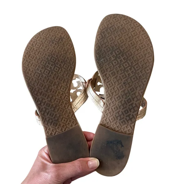 Tory Burch Miller Metallic Gold‎ Champagne Leather Sandals 8.5 Double T - Image 9