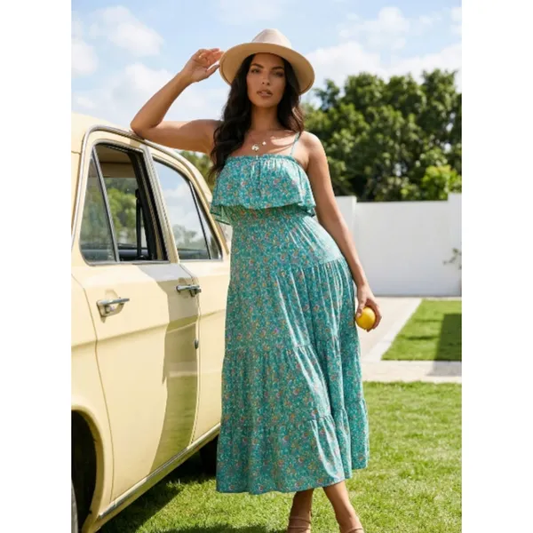 Green Floral Ruffle Boho Maxi Dress - Image 3