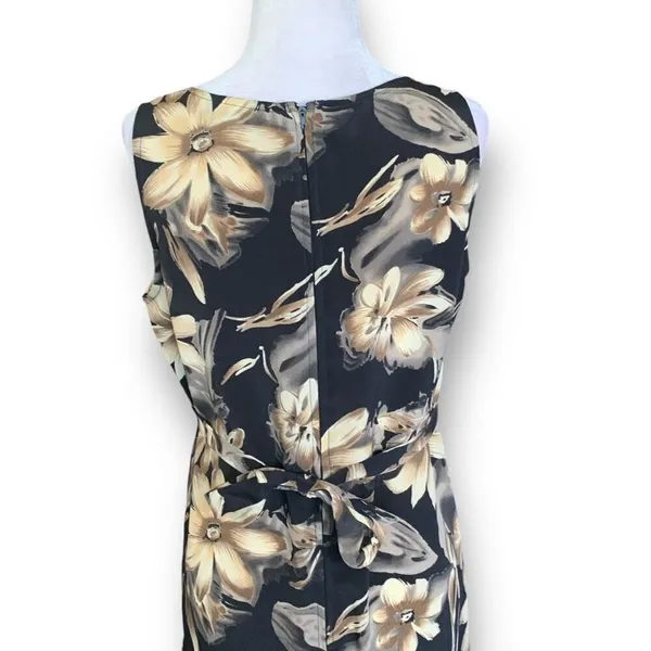 Vintage 90s Maxi Dress Black Tropical‎ Dark Floral Brown Sleeveless Bow Detail - Image 7
