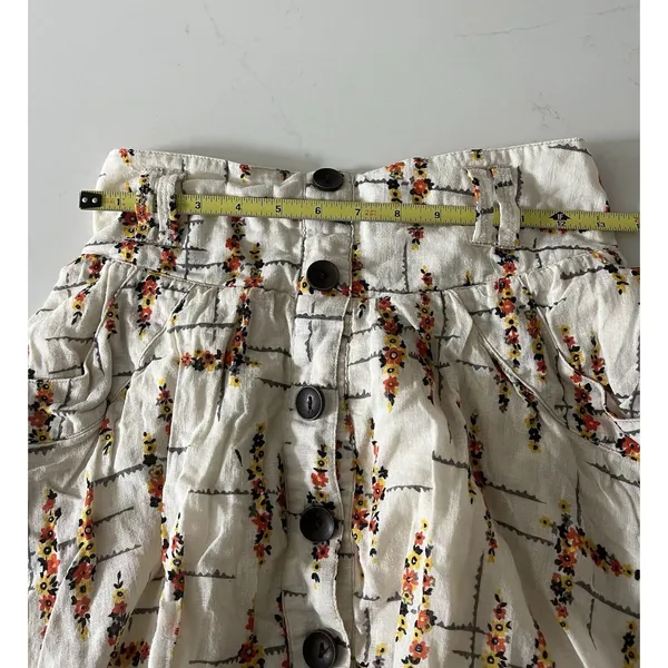 Free People Floral Linen Cotton Button Front Mini Skirt Ivory Women's Size S - Image 7