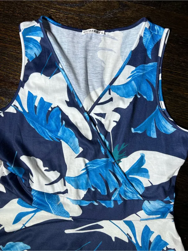 Guberry Blue Floral Tropical Palm Leaf V-Neck Sleeveless Sundress Extra Large - Image 3