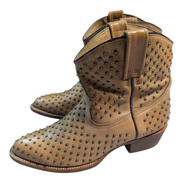 Matisse Faithful Camel Tan Leather Brass Studded Western Ankle Boots Sz 9 - Image 7