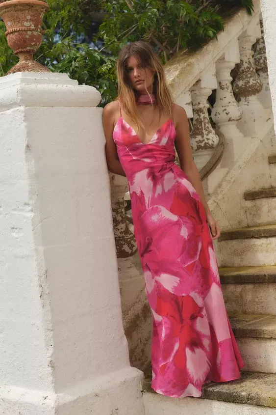 Zara Vibrant Pink ling maxi Dress scarf evening party wedding coctail - Image 9