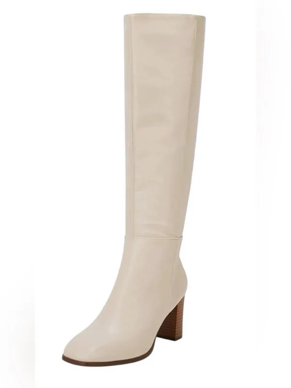 Women's Over-the-Knee Cream Leather Block Heel Boots - Image 2