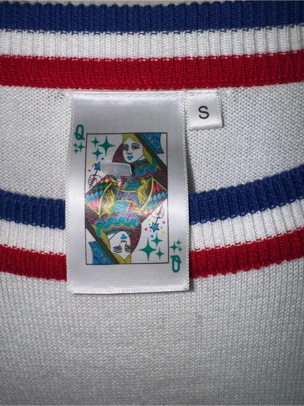 QUEEN OF SPARKLES White Short Sleeve Sweater with Red, Blue & Silver Trim - Image 2