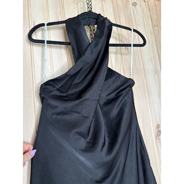Lulus Beyond Classy Black Satin Halter Midi Dress Party Holiday Gala Extra Small - Image 4