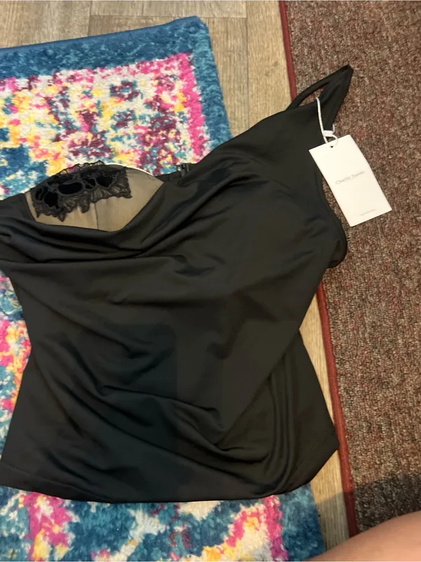 NWT Charlie suede London Black Draped Lace-Trim Top - Image 4