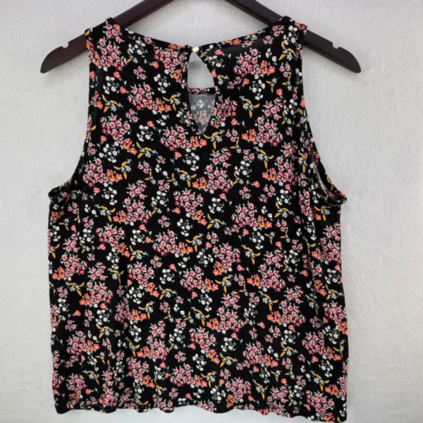 Loft Tank Top Sz M Black multicolor flowers back keyhole gold button - Image 2