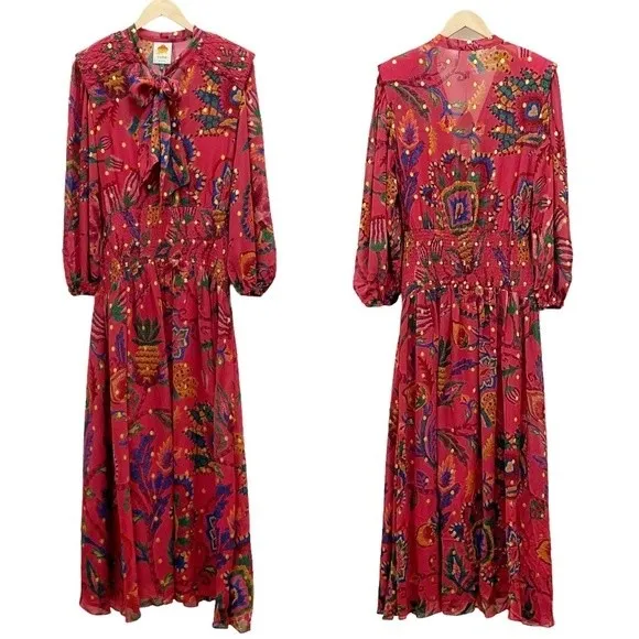 NWT Farm Rio Sunset Tapestry Floral Long Sleeve Boho Maxi Dress Warm Red Size XS - Image 4