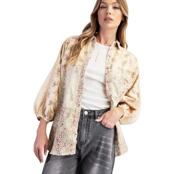 NWT EASEL Women’s Boho Mixed Floral Print Patchwork Button Up Shirt - Image 2
