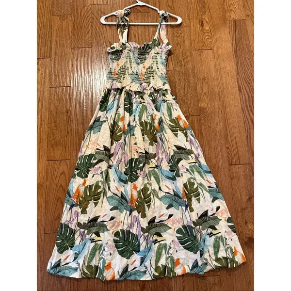 Anthropologie Corey Lynn Calter Olivia Tropical Bird linen smocked midi dress M - Image 8