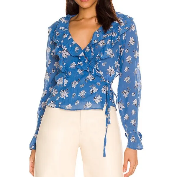 Free People Amanda Ruffle Detail Wrap-Style Blouse in‎ Blue Floral XS - Image 5