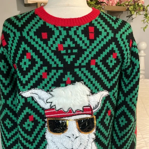 Christmas Jolly Sweater Llama Jingle Bell Green Red Sequins Ugly Oversized - Image 5
