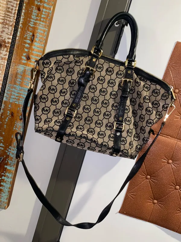 Michael Kors Black and Beige MK Monogram Satchel with Crossbody Strap - Image 3