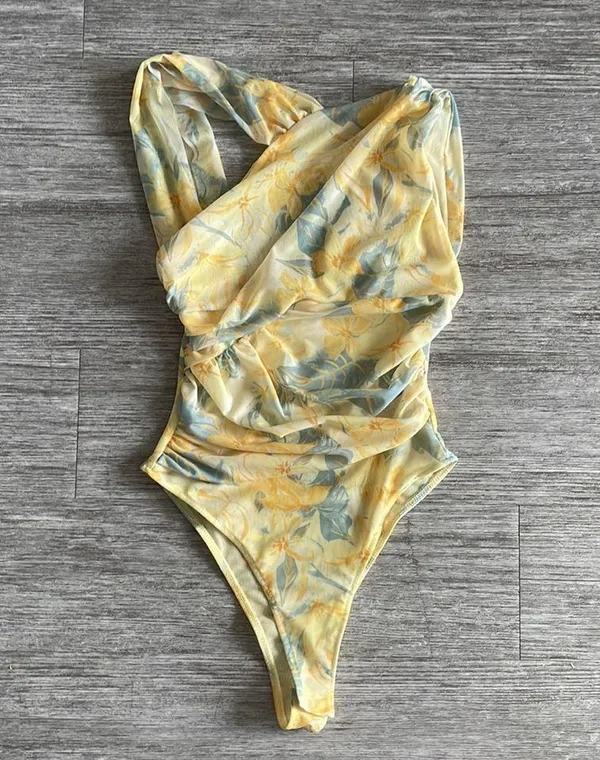Draped Asymmetrical Yellow Floral Tulle bodysuit - Image 2