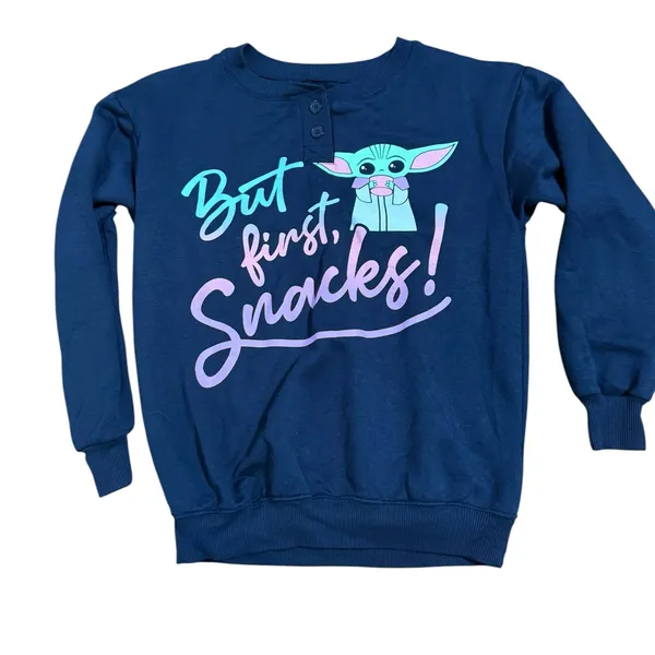 Star Wars Navy Baby Yoda Pajama Lounge Sweatshirt Top “But First, Snacks!”‎ XS - Image 6