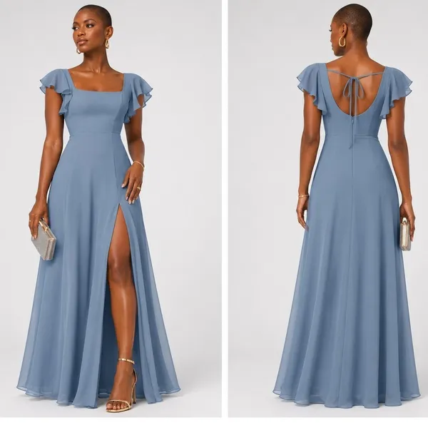 Azazie Womens A6 Dusty Blue Chiffon Flutter Sleeve Floor Length Bridesmaid Dress - Image 2