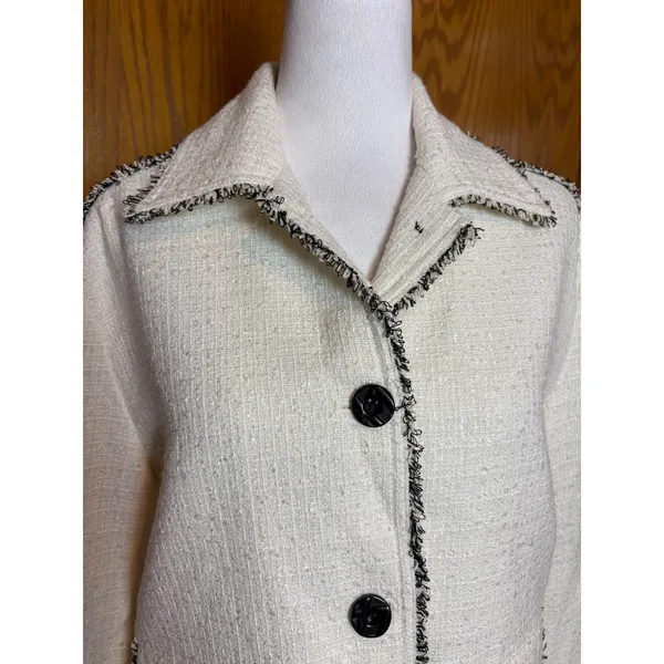 Amanda + Chelsea Natural Tweed Fringe Button Front Jacket Cream Black NWT M - Image 2