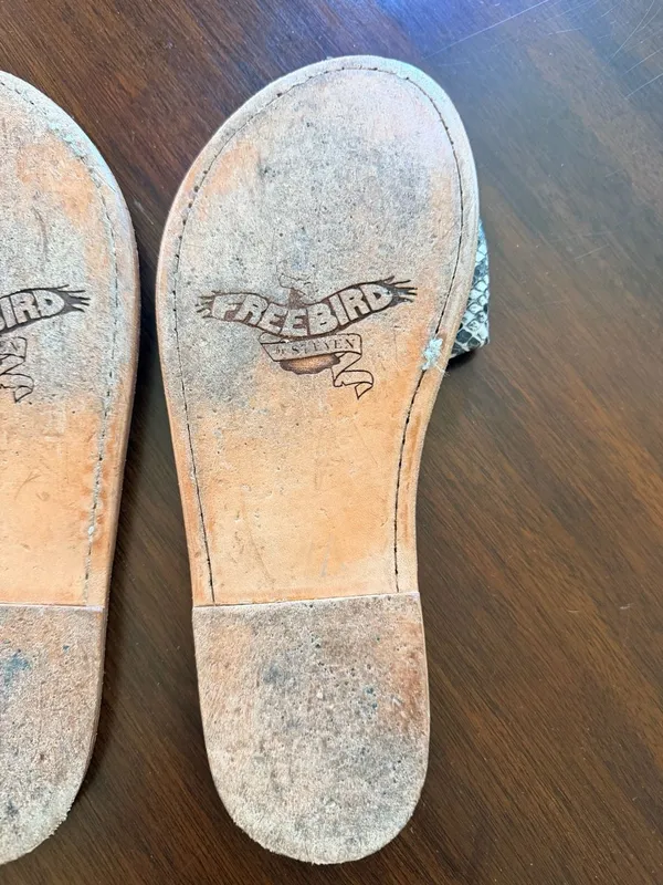 Freebird by Steven Golden Leather Snakeskin Print Slide Sandals - Image 9