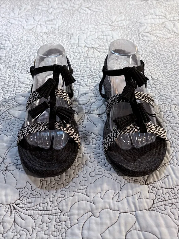 Anthropologie Fringed Rope Tassel Sandals Black White Woven Boho Sandals Sz 8💛 - Image 12