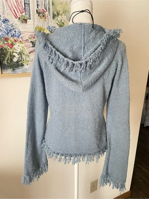Takeout Y2K Vintage Fringed Trim Cuff Penny Lane Hooded Knit Zip Up Sweatshirt - Image 4