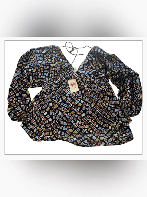 entro Black Geometric Print V-Neck Blouse with Multicolor Tiles - Image 2