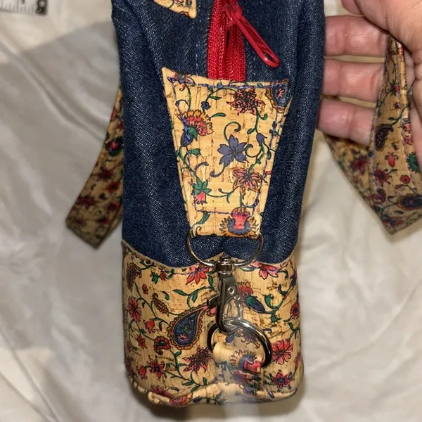 Blue Denim Handbag With Floral Corklike Design On Bottom & Handles Red Interior - Image 5