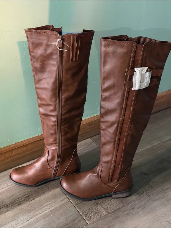 Faux Leather Over-the-Knee Riding Boots Brown with Buckles. - Image 3