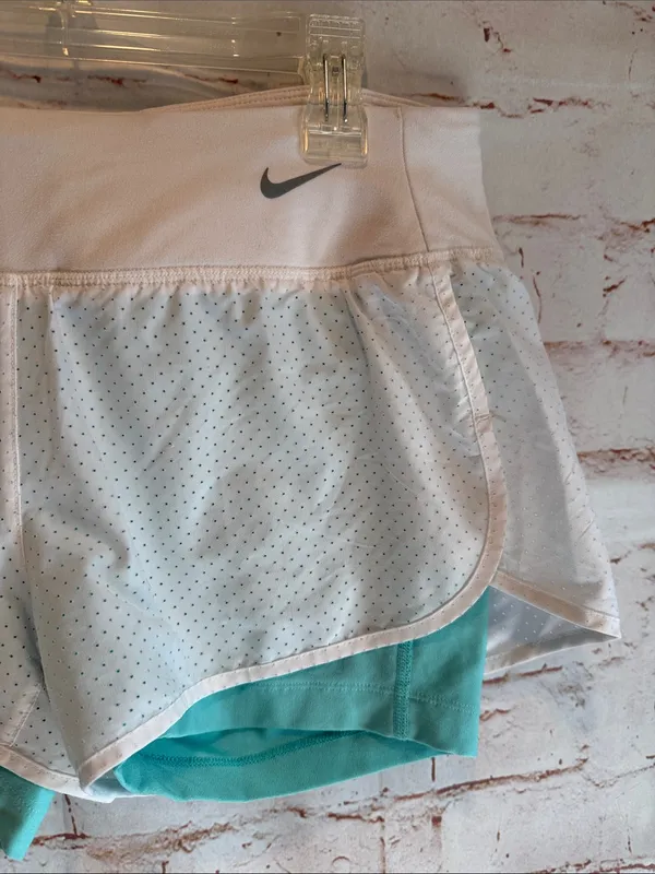 Nike Women's White Layered Running Shorts Teal shorts Liner Dri Fit zip pocket S - Image 2