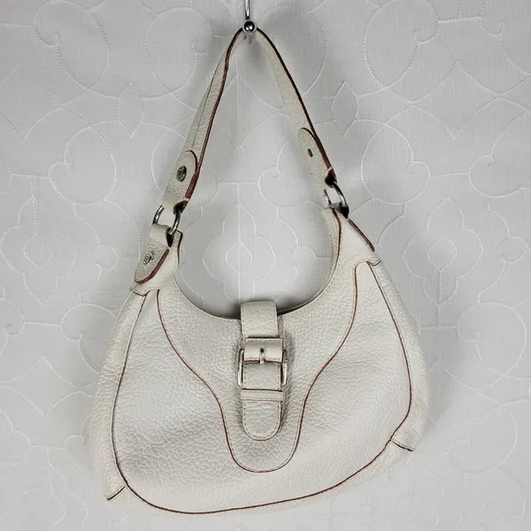 Michael Kors Womens Bag White Pebbled Leather Shoulder Hobo Fold Over Buckle - Image 14