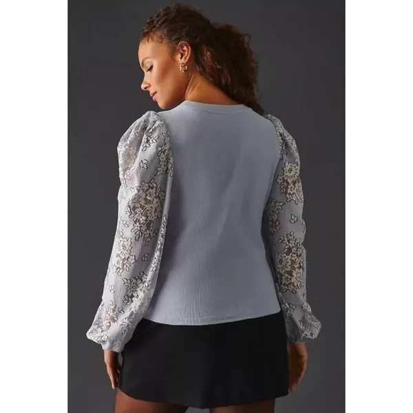 NWOT Anthropologie DOLAN Lace Puff-Sleeve Top Blue Size L Long sleeve - Image 4