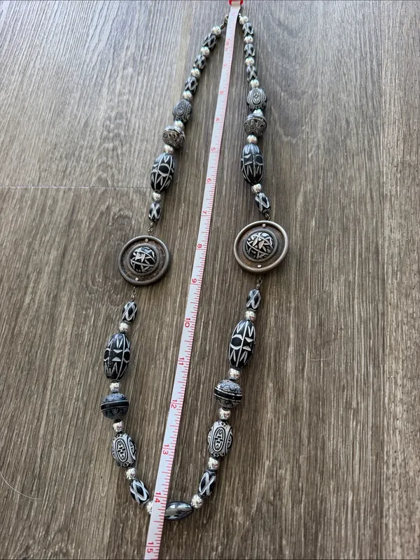 Bohemian whimsy goth witchy black white long necklace beaded medallions - Image 6