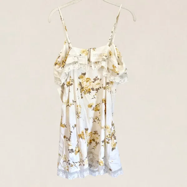 Universal Threads Womens Floral Linen‎ Blend Lace Trim Ruffle Mini Dress White S - Image 6