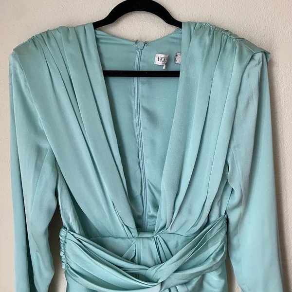 House of CB Pascale Aqua Draped Plunge Satin Mini Dress Womens Size M Mint Green - Image 12