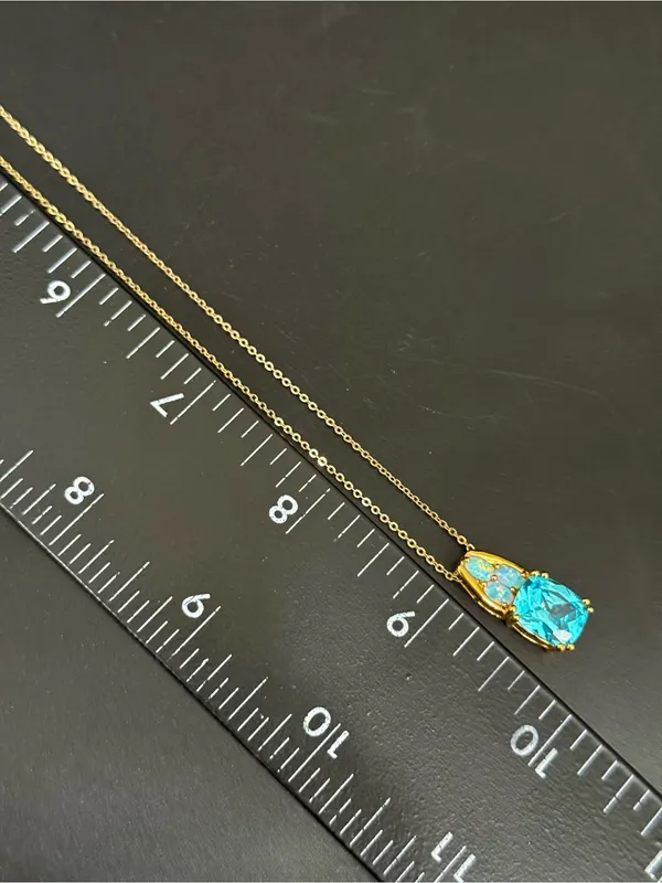 925 Sterling Gold Vermeil Cushion Cut Blue Topaz Gemstone Opal Pendant Necklace - Image 16