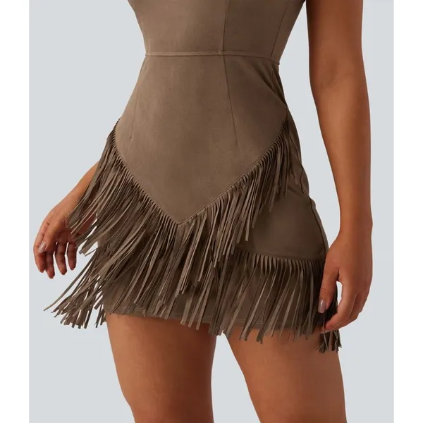 Halara Brown Faux Suede Bodycon Fringe Mini Dress Western Boho XL NWT - Image 5