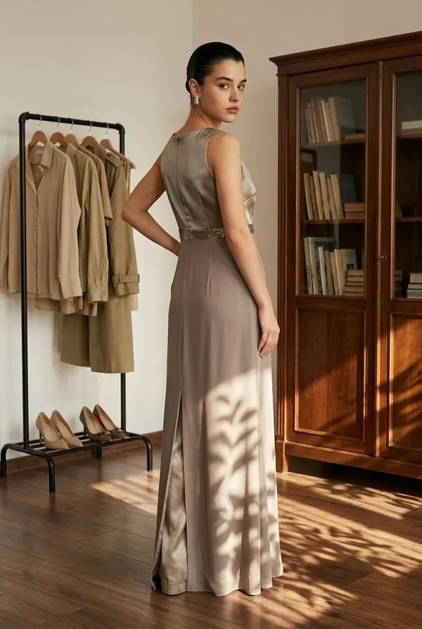 Jovani New York Beaded 2-Piece Evening Gown and Bolero Jacket Set, Taupe - Image 2