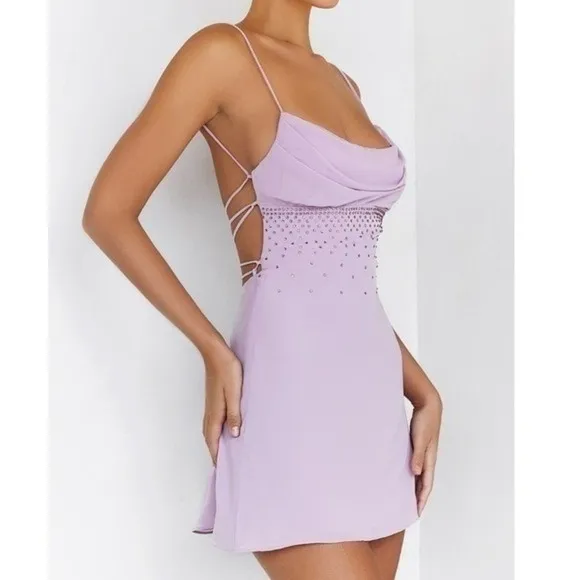 Mistress Rocks Mini Dress Size Medium Lilac Cowl Neck Rhinestone Party Sexy‎ NWT - Image 2