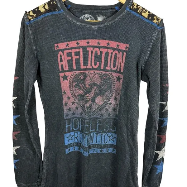 VINTAGE Y2K Affliction Breakdown American Thermal Graphic Top Grey/Blue/Red XS - Image 6