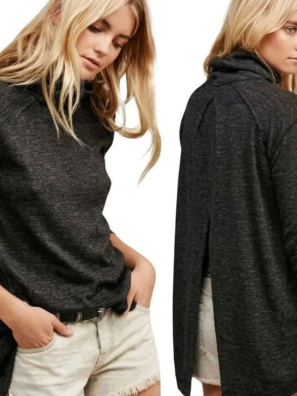 WE THE FREE People Charcoal Split Back Long Sleeve Turtleneck Tunic Top - Image 2
