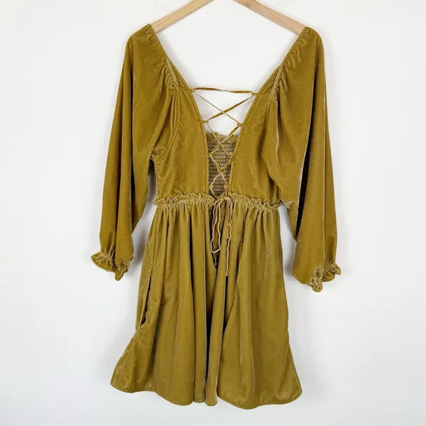 Free People Daphne Velvet Sleeve Dress in Olive Bitters - Image 5